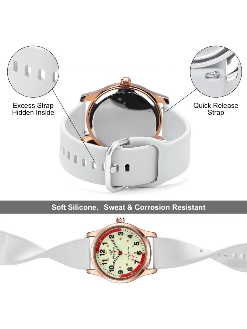 Women's Rose White Gold Easy to Read Military Time Waterproof Luminous Watch
